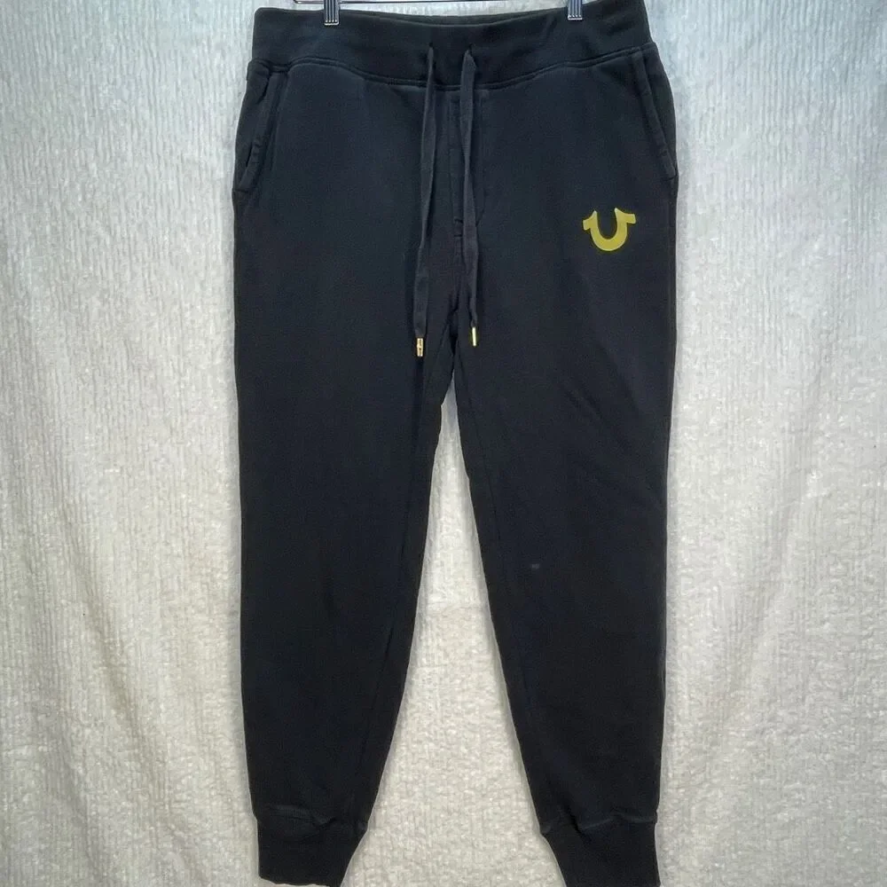 True Religion Black Gold Logo Drawstring Cotton Tapered Cuff Sweatpants Large